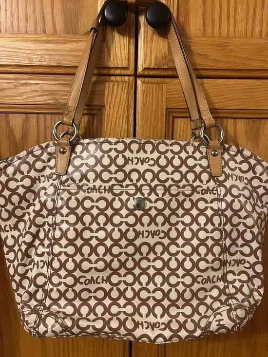 Coach Logo Shoulder Tote in Beige and Brown - Picture 6 of 7